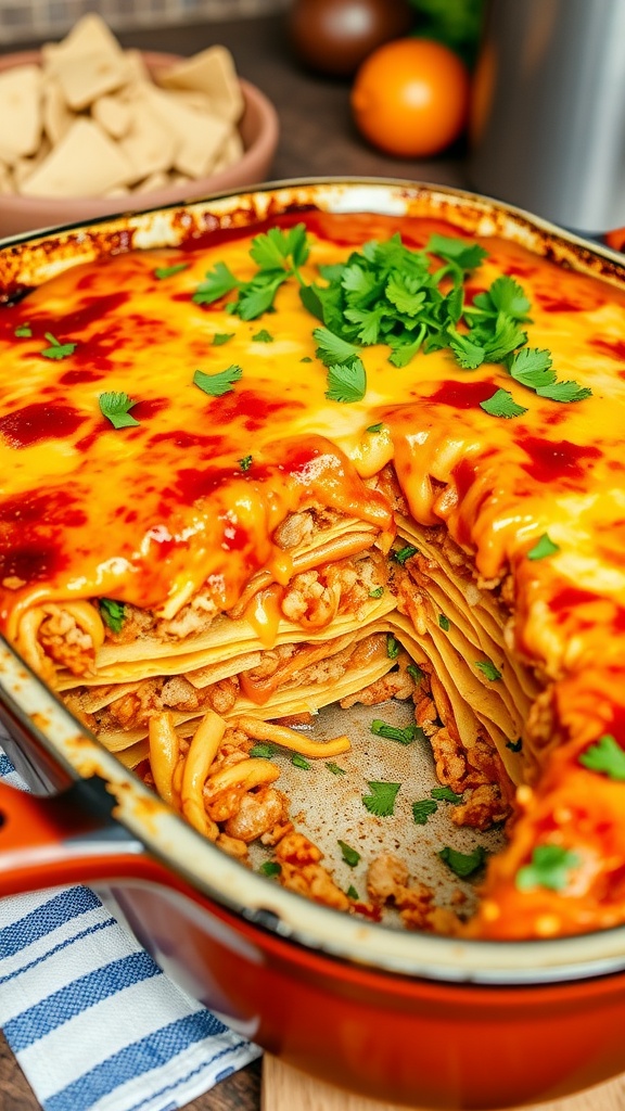 Savory Turkey Enchilada Casserole Recipe Turkey enchilada casserole with tortillas, turkey, enchilada sauce, and cheese, garnished with cilantro.